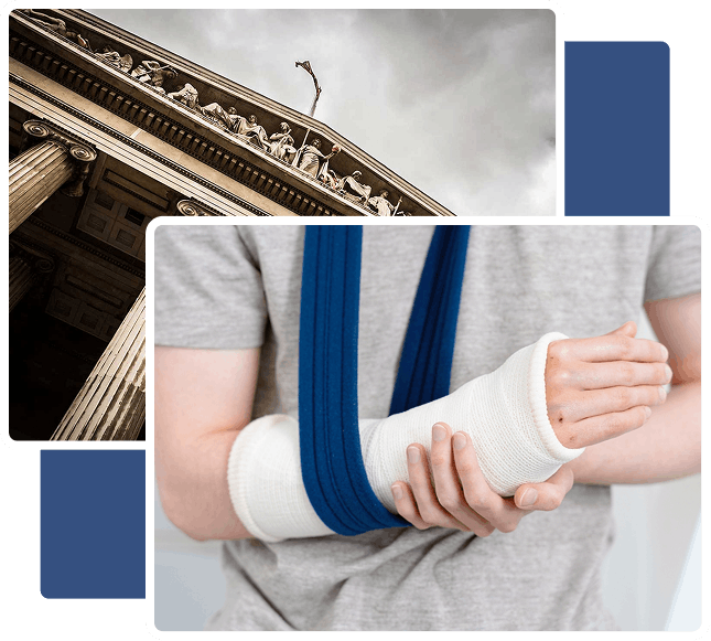 A person in a gray shirt is holding a bandaged arm that is in a sling, while an image of a building with columns and sculptures is shown above.