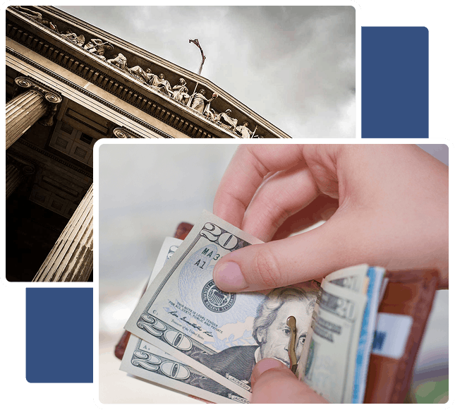 A building with columns and a flag on top, alongside an image of a hand holding several twenty-dollar bills from a wallet.