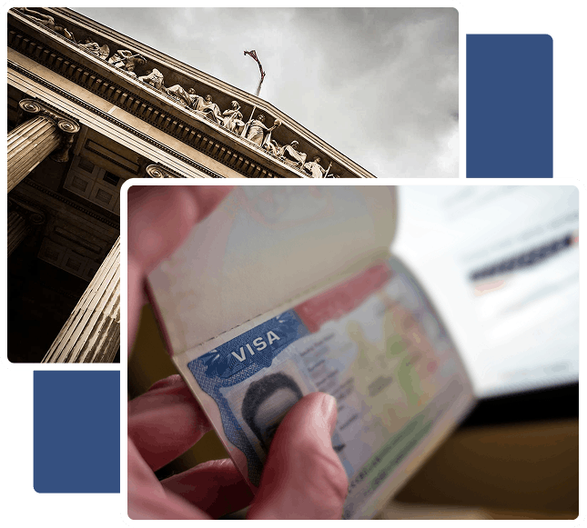 Image of a building with a classical architectural style and an image showing a hand holding an opened passport displaying a visa.