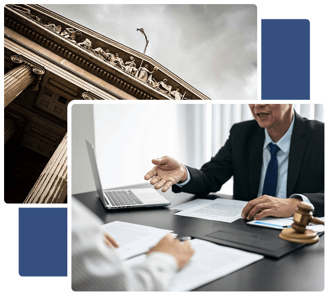 A collage featuring a close-up of a classical building with columns and sculptures, alongside an office scene where a person in formal attire is gesturing during a conversation over a laptop and documents, with a gavel visible on the table.